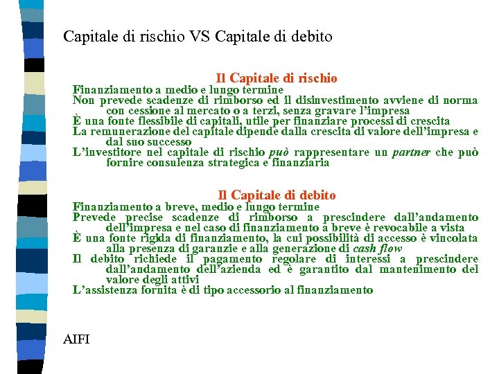 Capitale di rischio VS Capitale di debito Il Capitale di rischio Finanziamento a medio