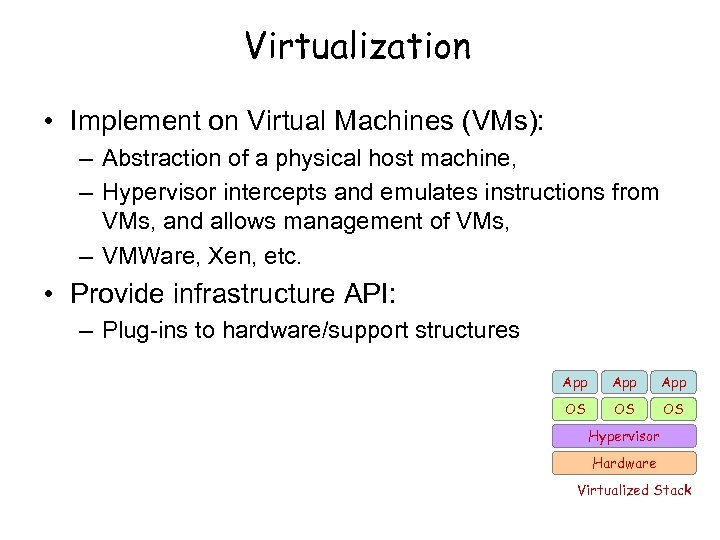 Virtualization • Implement on Virtual Machines (VMs): – Abstraction of a physical host machine,