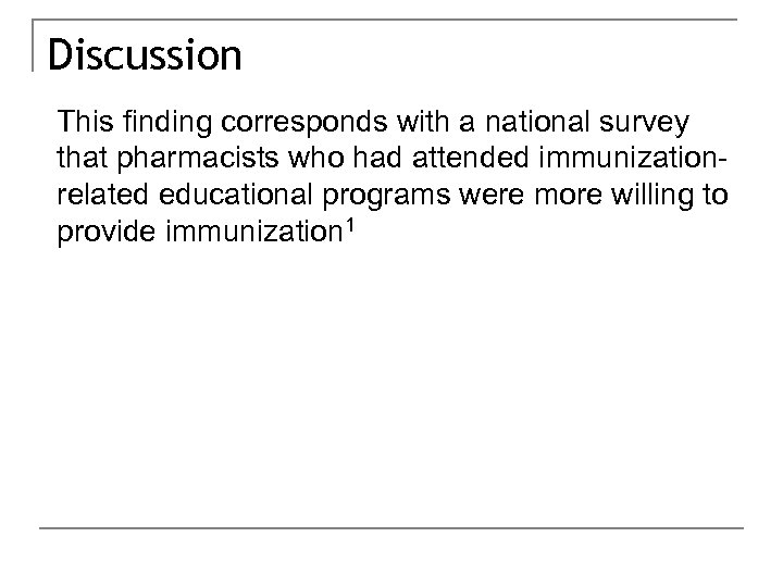 Discussion This finding corresponds with a national survey that pharmacists who had attended immunizationrelated