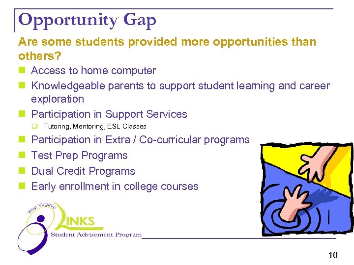 Opportunity Gap Are some students provided more opportunities than others? n Access to home