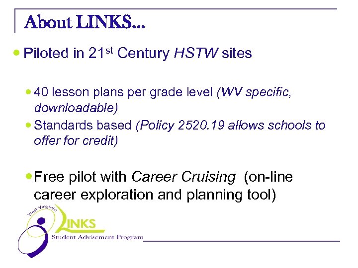About LINKS… Piloted in 21 st Century HSTW sites 40 lesson plans per grade