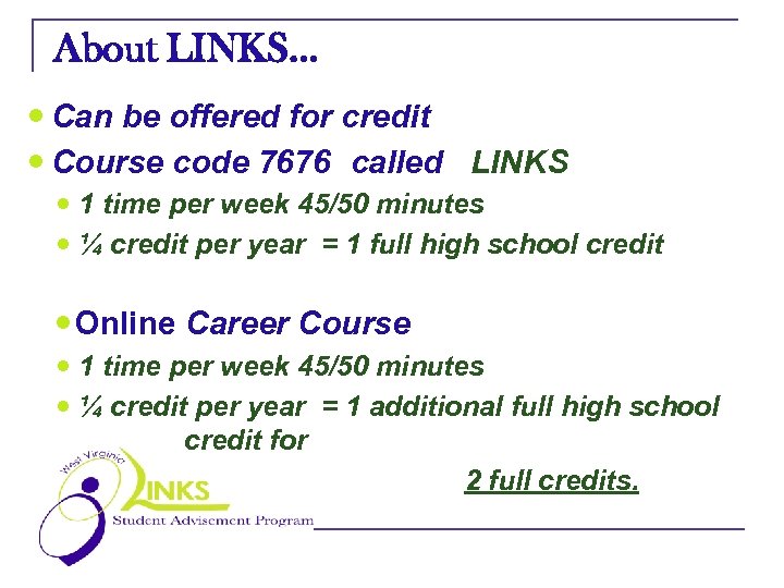 About LINKS… Can be offered for credit Course code 7676 called LINKS 1 time