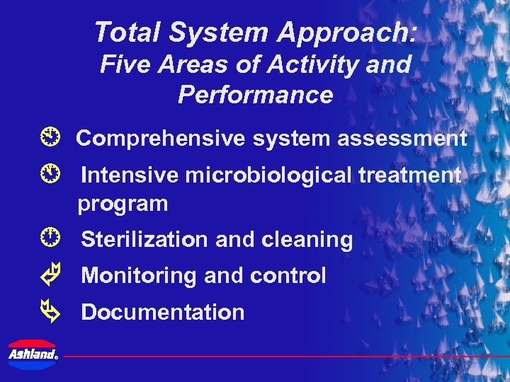 Total System Approach: Five Areas of Activity and Performance Comprehensive system assessment Intensive microbiological