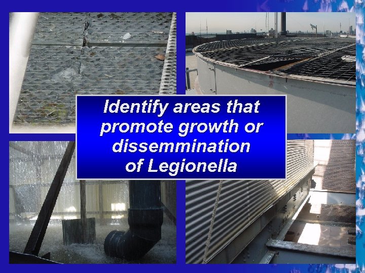 Identify areas that promote growth or dissemmination of Legionella 