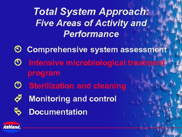 Total System Approach: Five Areas of Activity and Performance Comprehensive system assessment Intensive microbiological