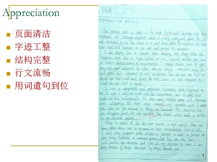 Appreciation n n 页面清洁 字迹 整 结构完整 行文流畅 用词遣句到位 3 