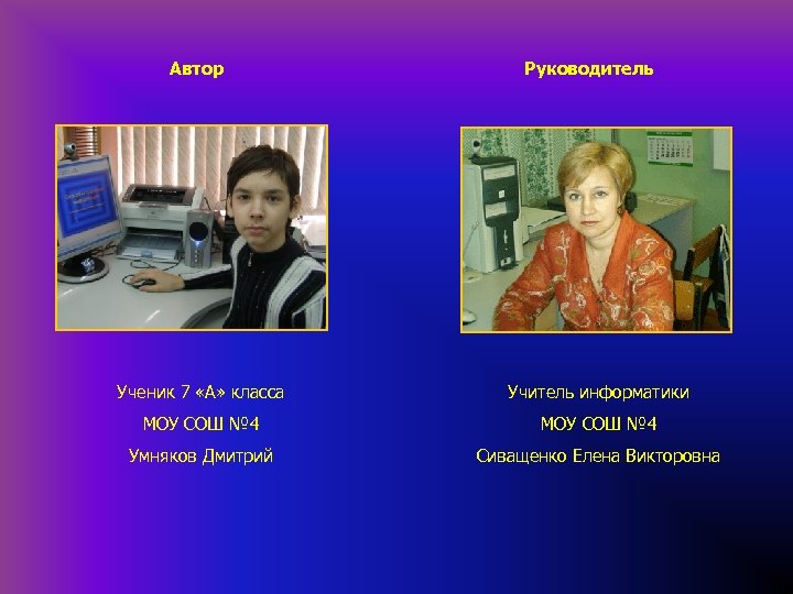 Автор Руководитель Ученик 7 «А» класса Учитель информатики МОУ СОШ № 4 Умняков Дмитрий