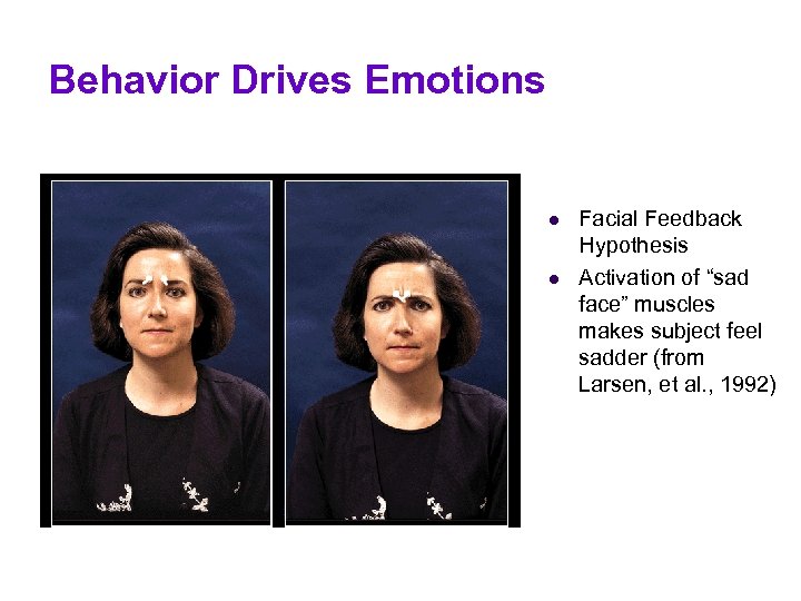 Behavior Drives Emotions l l Facial Feedback Hypothesis Activation of “sad face” muscles makes