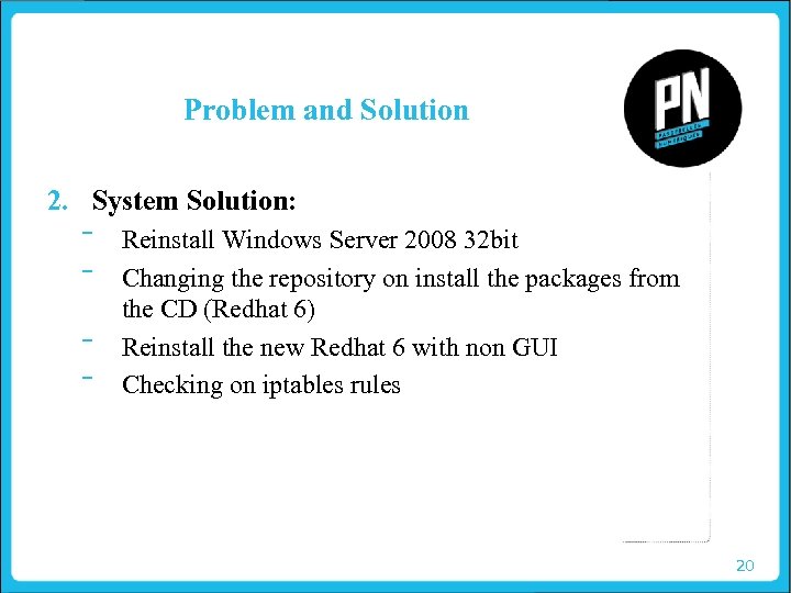 Problem and Solution 2. System Solution: ‾ ‾ Reinstall Windows Server 2008 32 bit