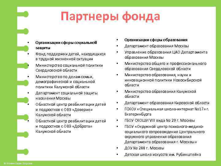 Партнеры фонда • • Организации сферы социальной защиты Фонд поддержки детей, находящихся в трудной