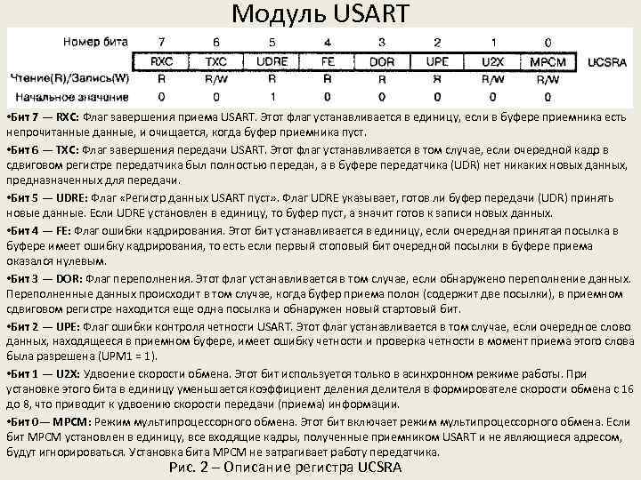 Модуль USART • Бит 7 — RXC: Флаг завершения приема USART. Этот флаг устанавливается