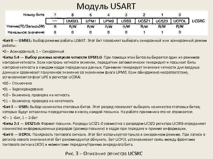 Модуль USART • Бит 6 — UMSEL: Выбор режима работы USART. Этот бит позволяет