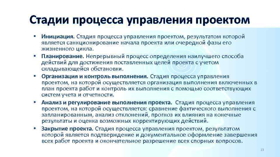 Этот процесс выполняется в течение всего проекта от инициации до закрытия проекта