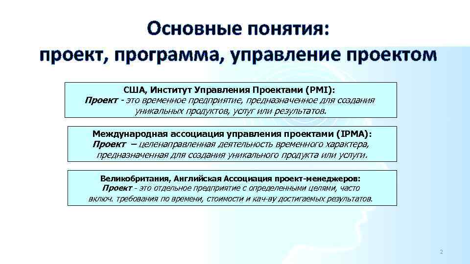 Основные понятия: проект, программа, управление проектом США, Институт Управления Проектами (PMI): Проект - это