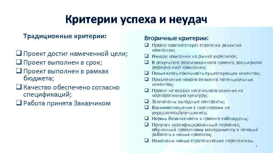 Критерии успеха и неудач Традиционные критерии: q Проект достиг намеченной цели; q Проект выполнен