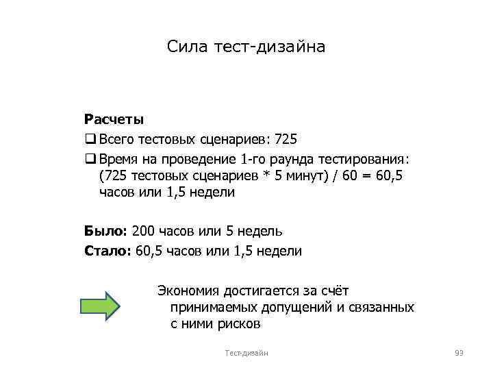 Сила тест-дизайна Расчеты q Всего тестовых сценариев: 725 q Время на проведение 1 -го