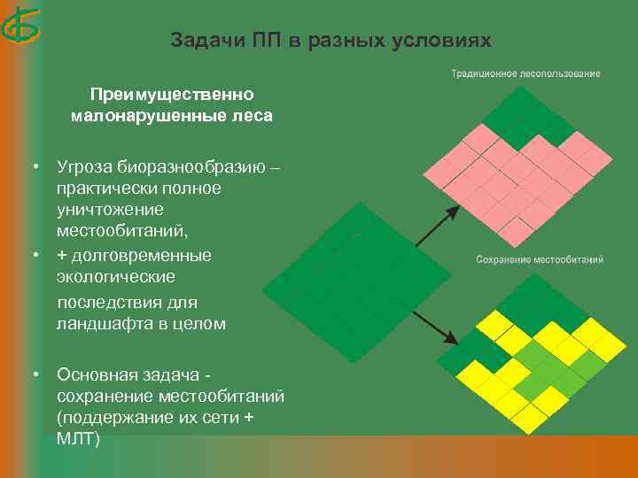 Задачи ПП в разных условиях Преимущественно малонарушенные леса • Угроза биоразнообразию – практически полное