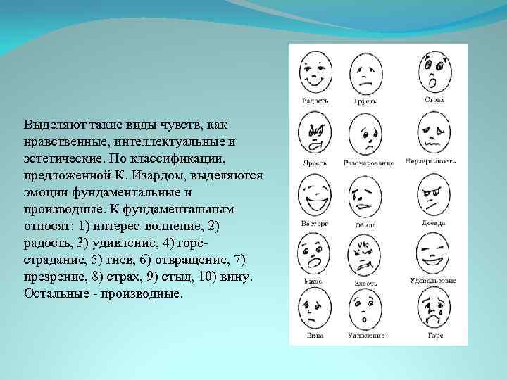 Выделяют такие виды чувств, как нравственные, интеллектуальные и эстетические. По классификации, предложенной К. Изардом,