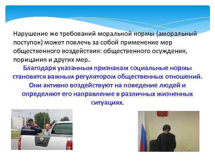 Нарушение же требований моральной нормы (аморальный поступок) может повлечь за собой применение мер общественного