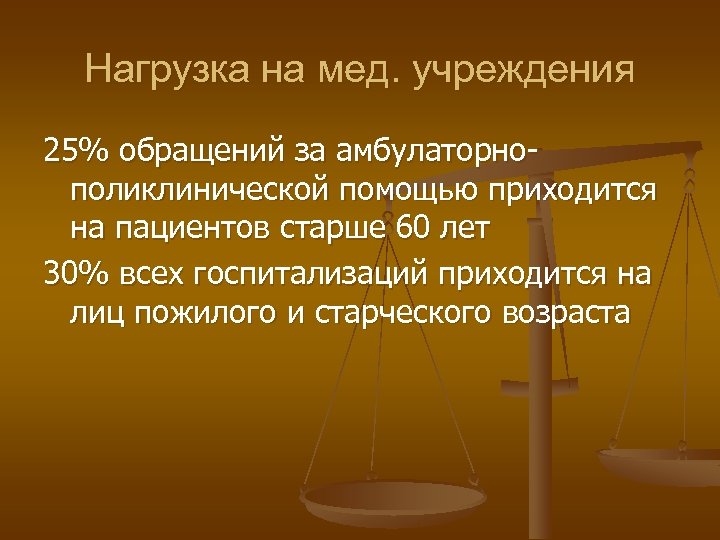 Нагрузка на мед. учреждения 25% обращений за амбулаторнополиклинической помощью приходится на пациентов старше 60