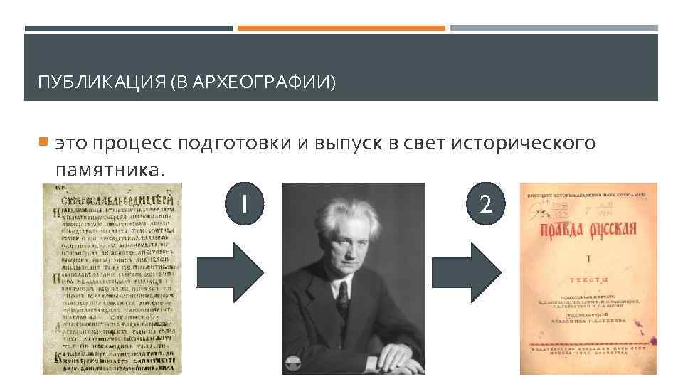 ПУБЛИКАЦИЯ (В АРХЕОГРАФИИ) это процесс подготовки и выпуск в свет исторического памятника. 1 2