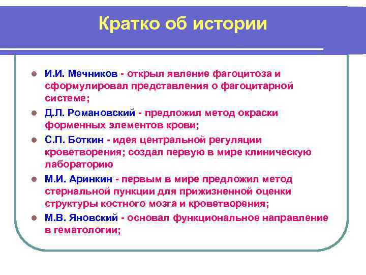 Кратко об истории l l l И. И. Мечников - открыл явление фагоцитоза и