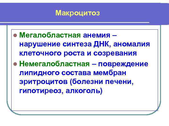 Макроцитоз l Мегалобластная анемия – нарушение синтеза ДНК, аномалия клеточного роста и созревания l