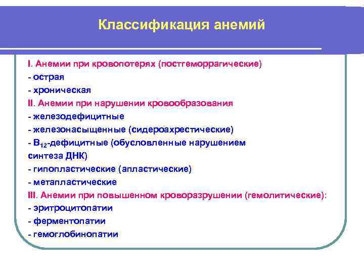 Классификация анемий I. Анемии при кровопотерях (постгеморрагические) - острая - хроническая II. Анемии при