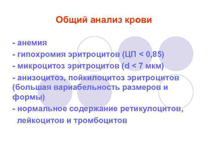 Общий анализ крови - анемия - гипохромия эритроцитов (ЦП < 0, 85) - микроцитоз