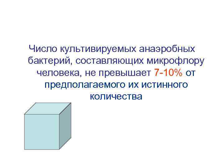 Число культивируемых анаэробных бактерий, составляющих микрофлору человека, не превышает 7 -10% от предполагаемого их