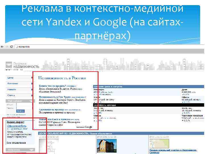 Реклама в контекстно-медийной сети Yandex и Google (на сайтах- партнёрах) 