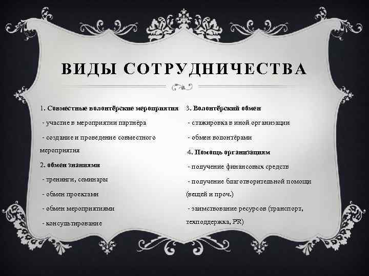 ВИДЫ СОТРУДНИЧЕСТВА 1. Совместные волонтёрские мероприятия 3. Волонтёрский обмен - участие в мероприятии партнёра