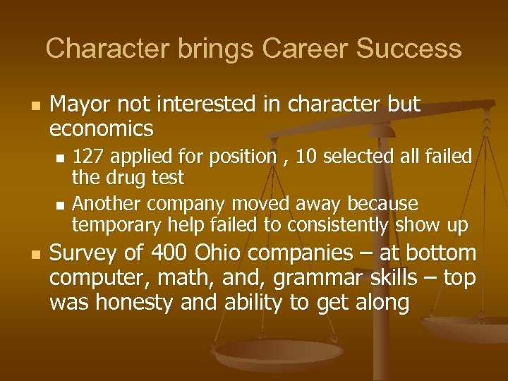 Character brings Career Success n Mayor not interested in character but economics 127 applied