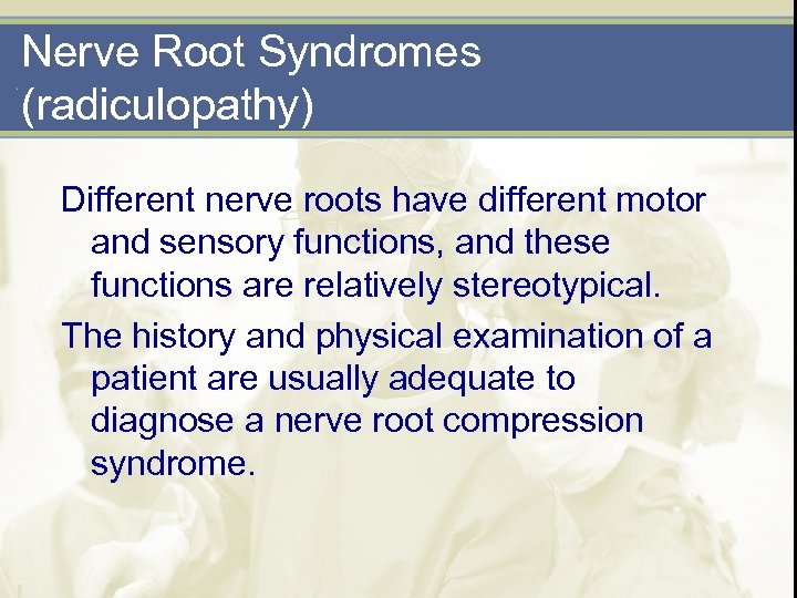 Nerve Root Syndromes (radiculopathy) Different nerve roots have different motor and sensory functions, and