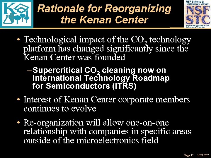 Rationale for Reorganizing the Kenan Center • Technological impact of the CO 2 technology