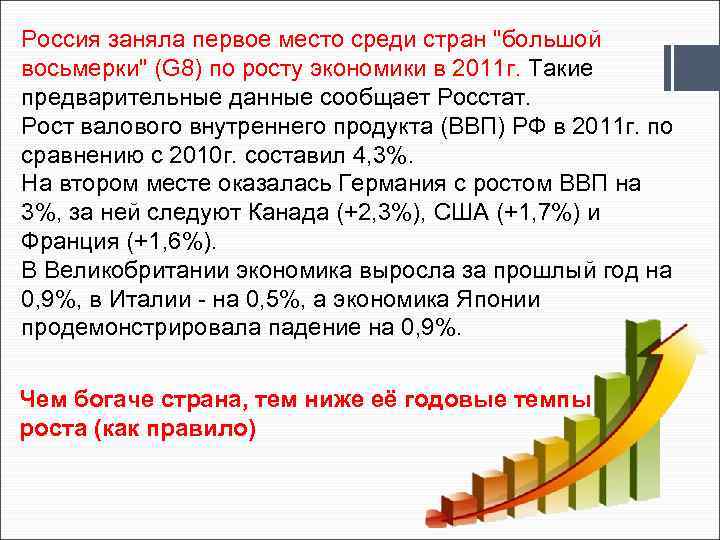 Россия заняла первое место среди стран "большой восьмерки" (G 8) по росту экономики в