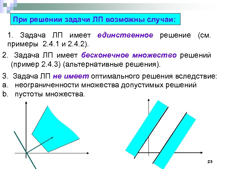 При решении задачи ЛП возможны случаи: 1. Задача ЛП имеет единственное решение (см. примеры