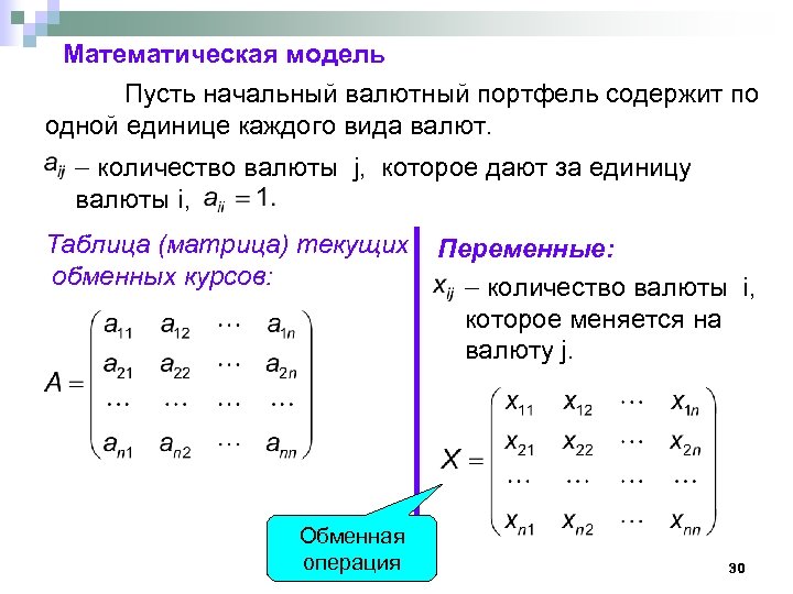 Математическая модель Пусть начальный валютный портфель содержит по одной единице каждого вида валют. количество