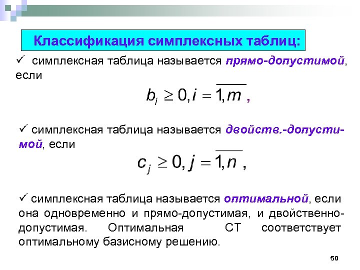Классификация симплексных таблиц: ü симплексная таблица называется прямо-допустимой, если ü симплексная таблица называется двойств.