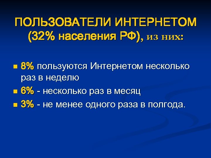 ПОЛЬЗОВАТЕЛИ ИНТЕРНЕТОМ (32% населения РФ), из них: 8% пользуются Интернетом несколько раз в неделю