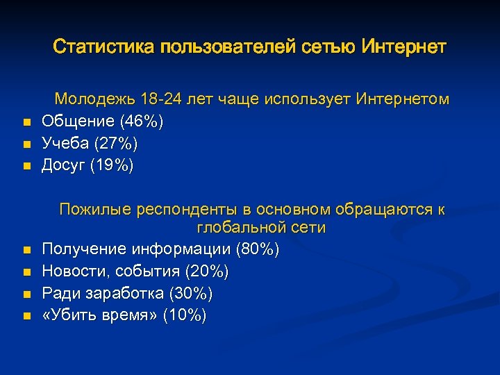 Статистика пользователей сетью Интернет n n n n Молодежь 18 -24 лет чаще использует