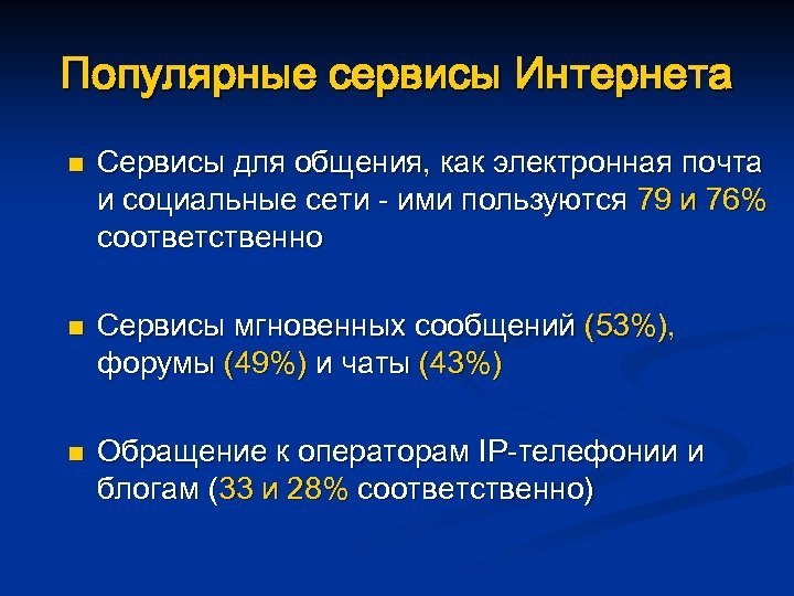 Популярные сервисы Интернета n n n Сервисы для общения, как электронная почта и социальные