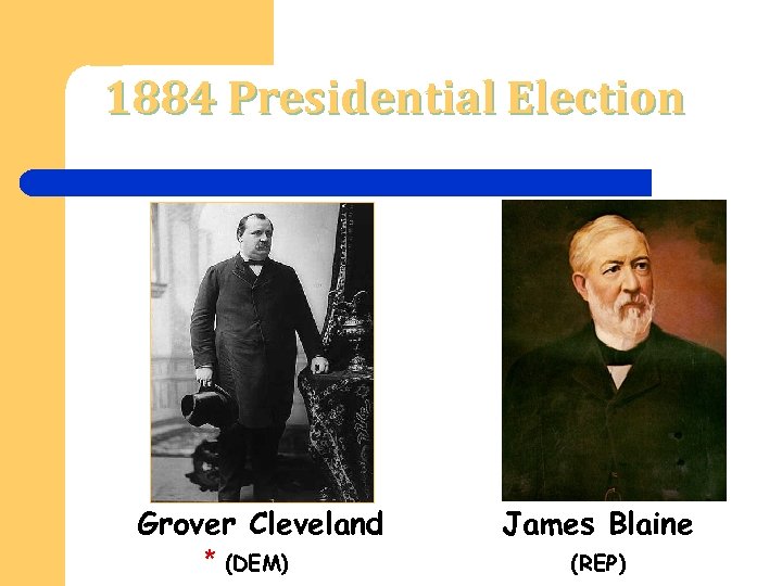 1884 Presidential Election Grover Cleveland * (DEM) James Blaine (REP) 