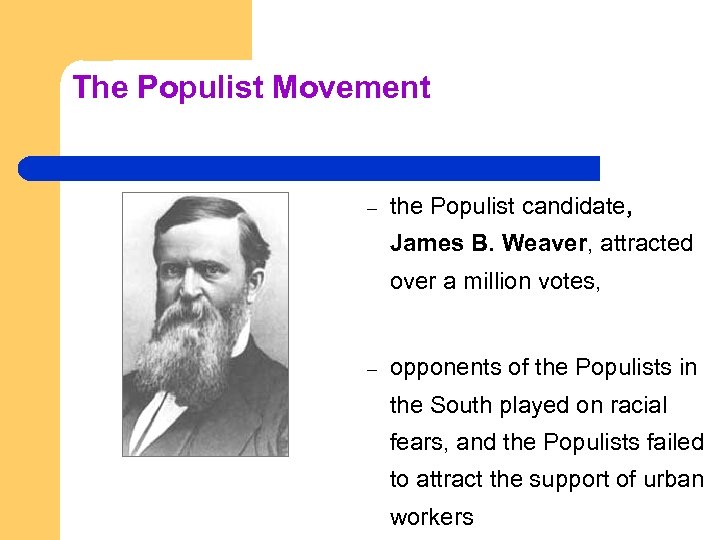 The Populist Movement – the Populist candidate, James B. Weaver, attracted over a million