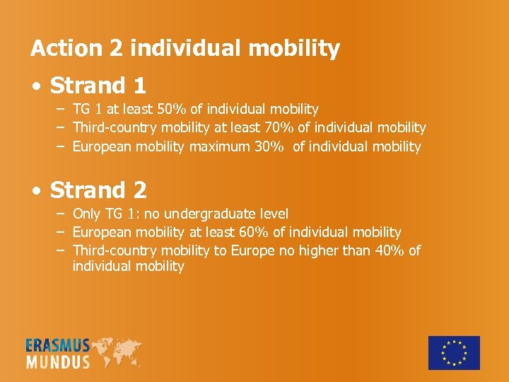 Action 2 individual mobility • Strand 1 – TG 1 at least 50% of