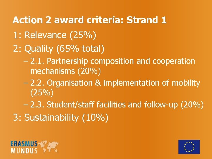 Action 2 award criteria: Strand 1 1: Relevance (25%) 2: Quality (65% total) –