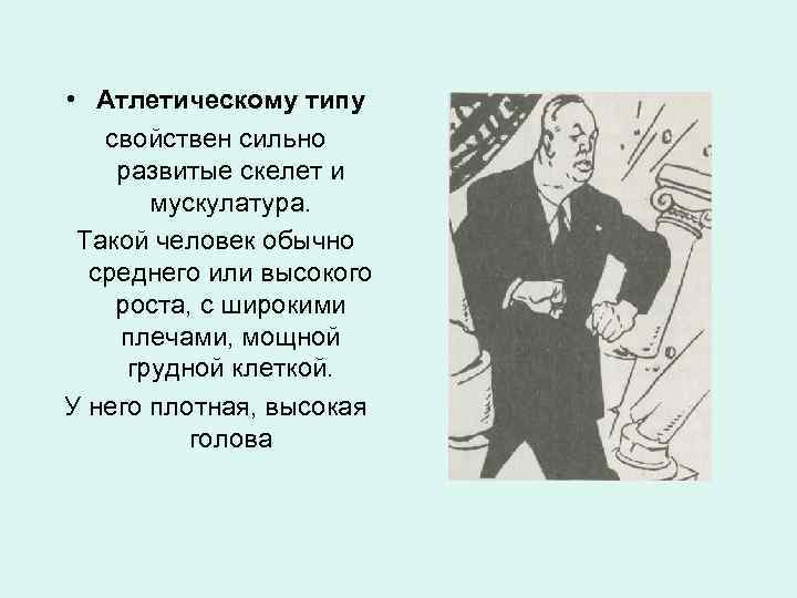  • Атлетическому типу свойствен сильно развитые скелет и мускулатура. Такой человек обычно среднего