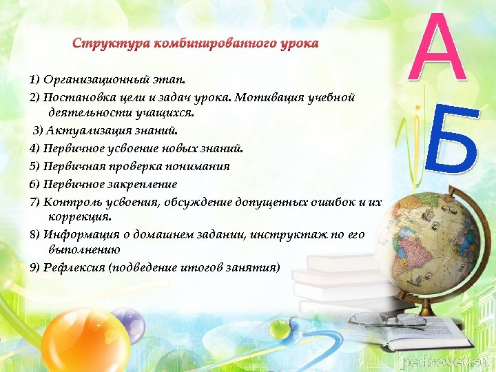 Структура комбинированного урока 1) Организационный этап. 2) Постановка цели и задач урока. Мотивация учебной