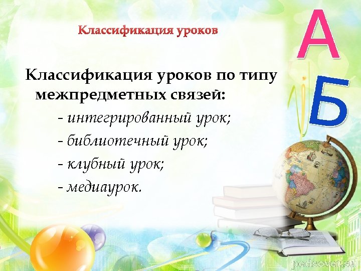 Классификация уроков по типу межпредметных связей: - интегрированный урок; - библиотечный урок; - клубный