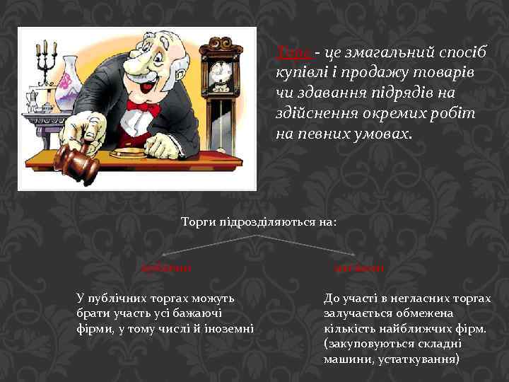 Торг - це змагальний спосіб купівлі і продажу товарів чи здавання підрядів на здійснення